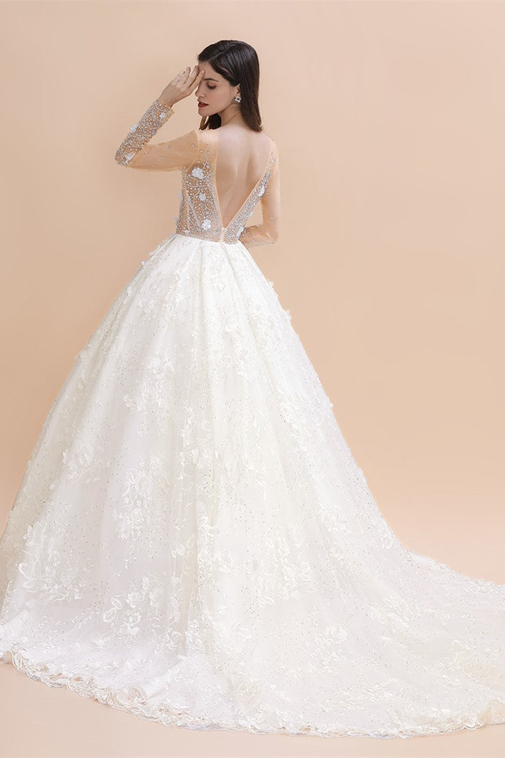 Bmbride Floral Jewel Beads Long Sleeve Ball Gown Wedding Dresses