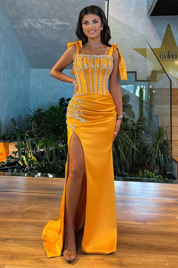Strap Beaded Slit Mermaid Evening Dress With Rhinestones