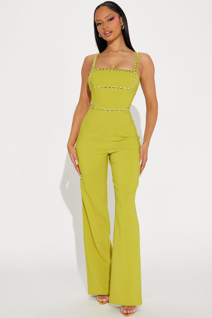Koscy Fashion Green Square Neck Spaghetti-Straps Slim Fit Jump Suit