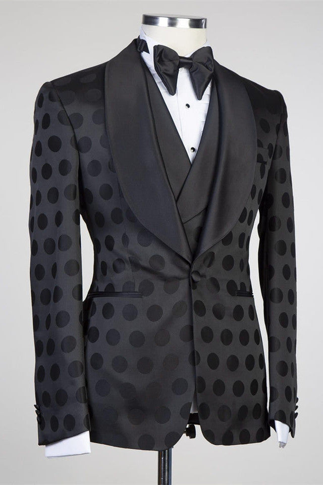 Koscy Handsome Formal Prom Suit with Black Pattern, Three Pieces and Shawl Lapel