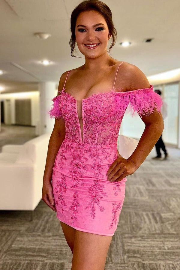 Koscy Sheath Off the Shoulder Pink Lace Homecoming Dress