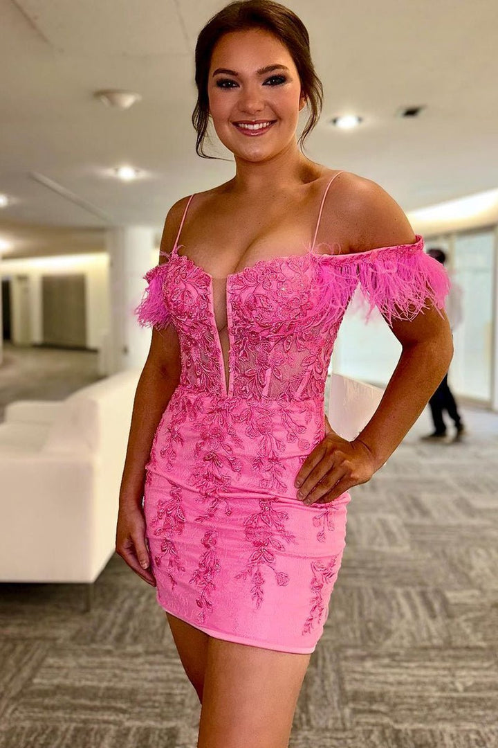 Koscy Sheath Off the Shoulder Pink Lace Homecoming Dress