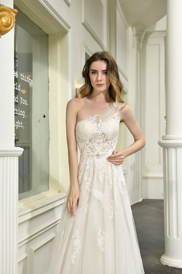 Bmbride Elegant One Shoulder Tulle Lace A-Line Wedding Dress