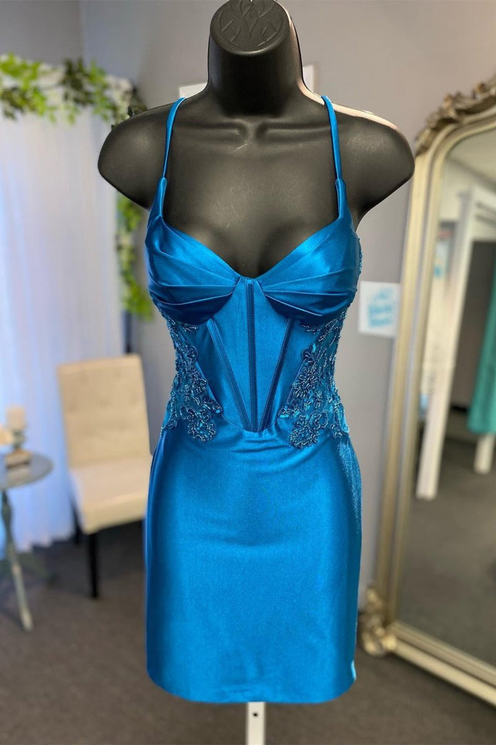 Koscy Sheath Satin Homecoming Dress with Appliques