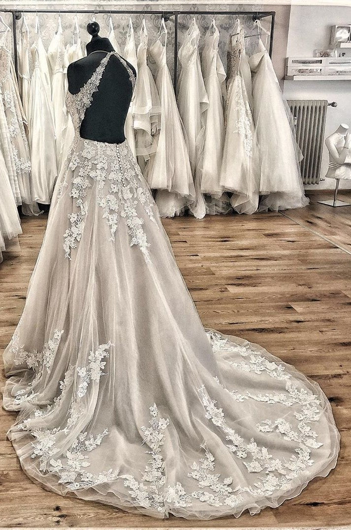 Bmbride Elegant A-line Halter Backless Wedding Dress with Appliques Lace Tulle Ruffles Train