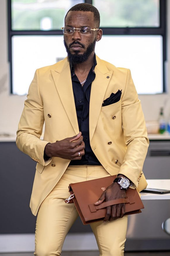 Koscy Glamorous Yellow Double-Breasted Groom Suit with Peaked Lapel