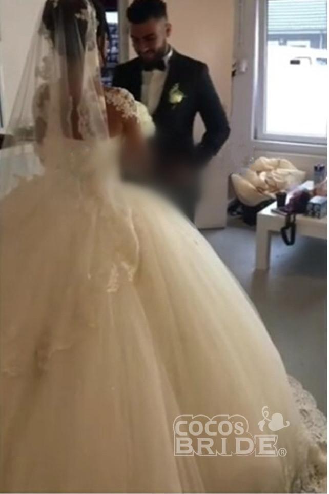 Bmbride Ivory Lace Appliques Wedding Dress with Pretty Sheer Long Sleeves