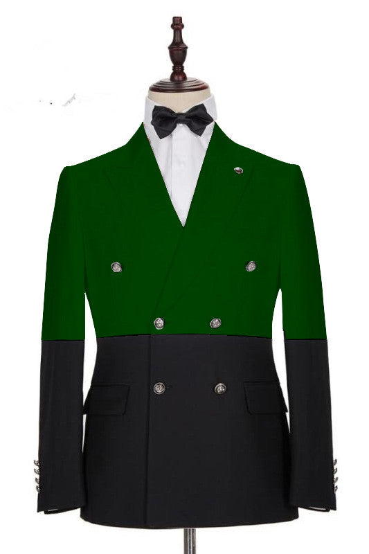 Koscy Shining Dark Green and Black Double-Breasted Prom Tuxedo