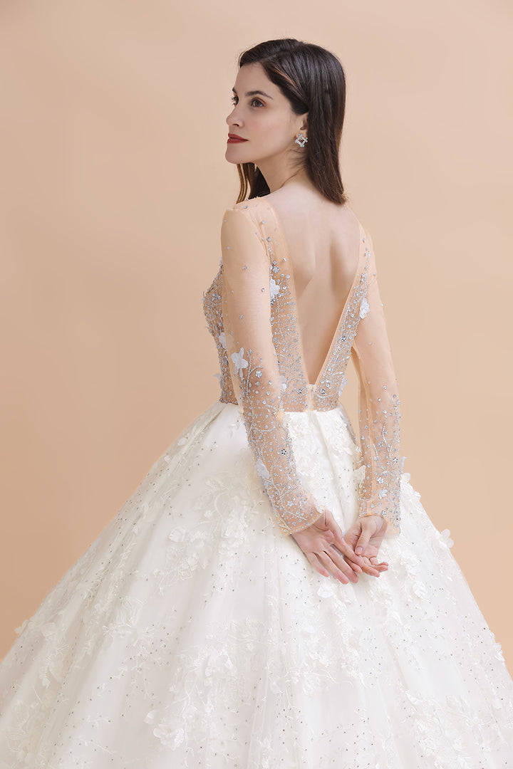 Bmbride Floral Jewel Beads Long Sleeve Ball Gown Wedding Dresses