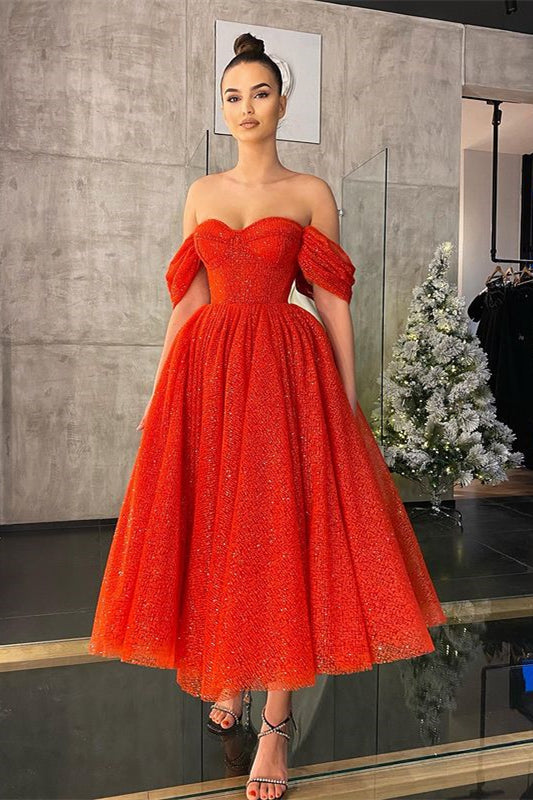 Off-Shoulder Red Sequins Prom Dress
