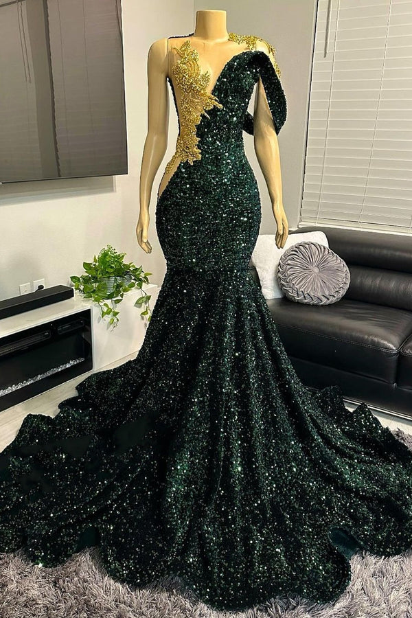 Robe de bal longue au sol à paillettes vert foncé à une épaule