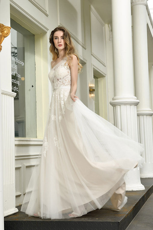 Bmbride Elegant One Shoulder Tulle Lace A-Line Wedding Dress