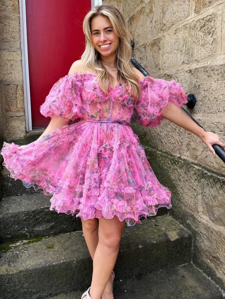 Koscy A Line Off the Shoulder Floral Printed Homecoming Dress