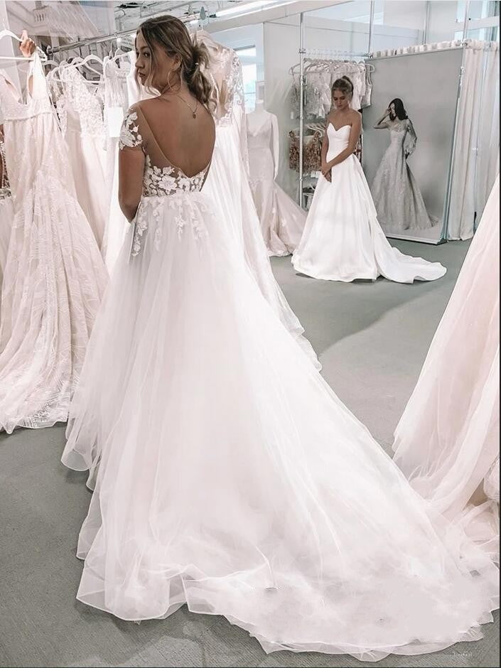 Bmbride A-Line Bateau Short Sleeve Appliques Lace Floor-length Tulle Wedding Dress