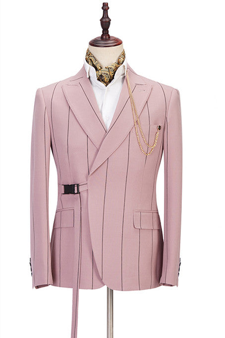 Koscy New Arrival Pink Slim Fit Groom Suit with Striped Peaked Lapel