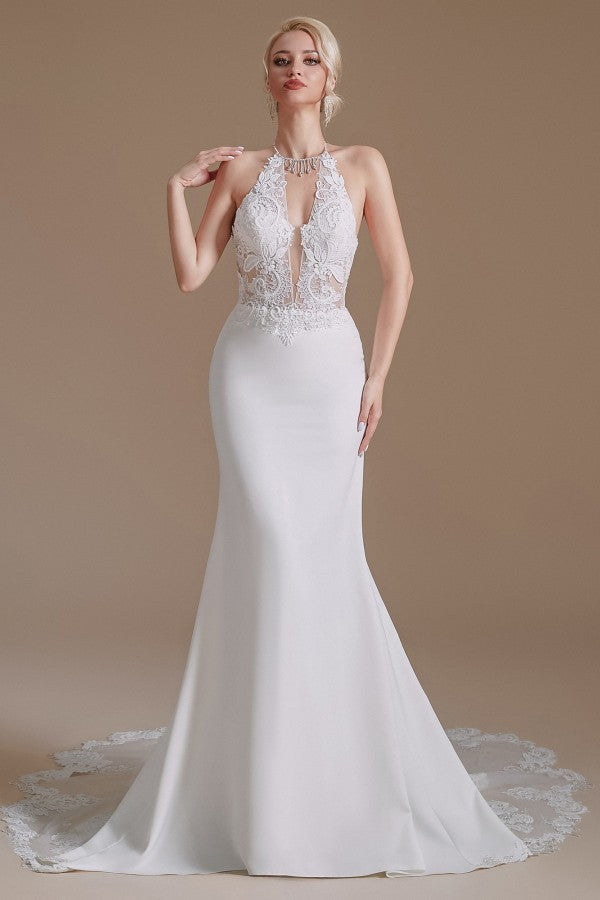 Bmbride Long Mermaid Halter Backless Satin Wedding Dresses with Appliques Lace