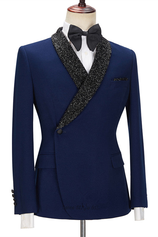 Koscy Shining Dark Navy Business Formal Suit for Prom with Black Lapel