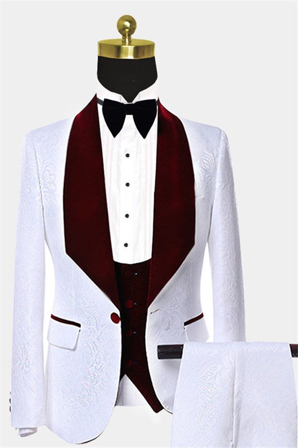 Koscy Burgundy Jacquard Wedding Suit - White Jacquard for Groom 2024, Online