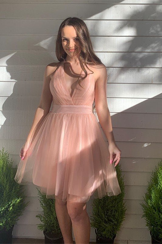 Koscy A-line Blush Deep V-Neck Tulle Homecoming Dress