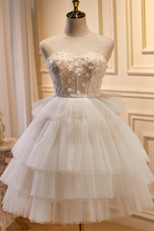 Koscy White Tulle 3D Floral Lace A-Line Tiered Homecoming Dress