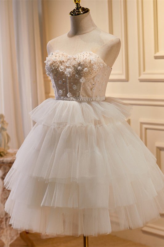 Koscy White Tulle 3D Floral Lace A-Line Tiered Homecoming Dress