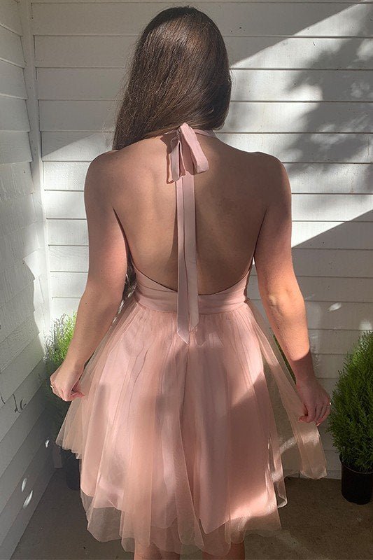 Koscy A-line Blush Deep V-Neck Tulle Homecoming Dress