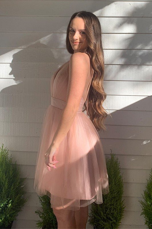 Koscy A-line Blush Deep V-Neck Tulle Homecoming Dress