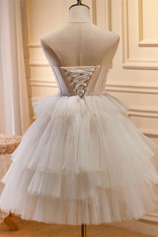 Koscy White Tulle 3D Floral Lace A-Line Tiered Homecoming Dress