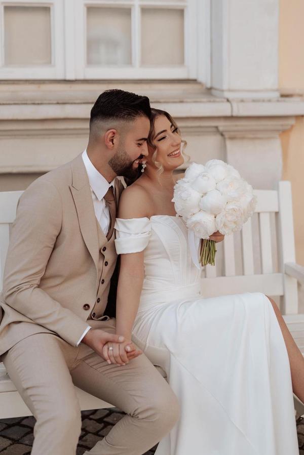 Bmbride Elegant Mermaid Off-the-Shoulder Satin Wedding Dress with Slit