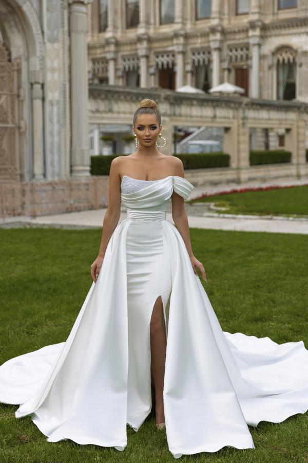Bmbride Fabulous One Shoulder Chapel Train Satin Wedding Dress with Ruffles
