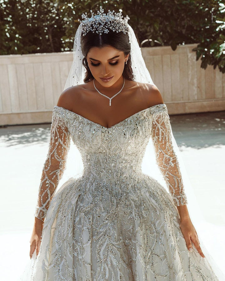 Bmbride Exquisite Sequin Long Sleeve Satin Ball Gown Bridal Dress