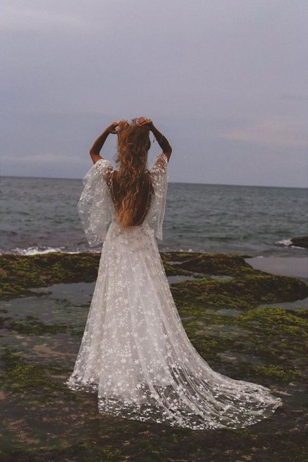 Bmbride Long A-line V-neck Puffy Sleeves Wedding Dress with Scoop Neck and Star Pattern