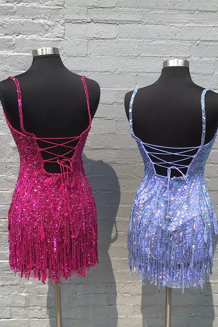 Koscy Sparkly Sheath Spaghetti Straps Gold Short Homecoming Dress with Tassel