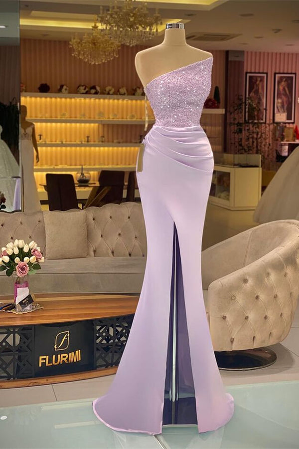 Long Light Purple Sleeveless Strapless Sequins Mermaid Prom Dress With Slit