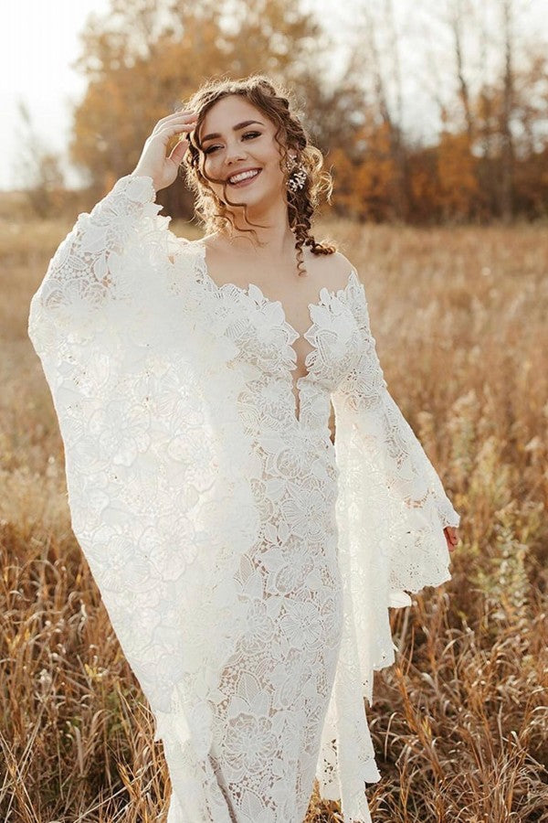 Bmbride Elegant Mermaid Long Sleeves Floor-Length Lace Wedding Dress