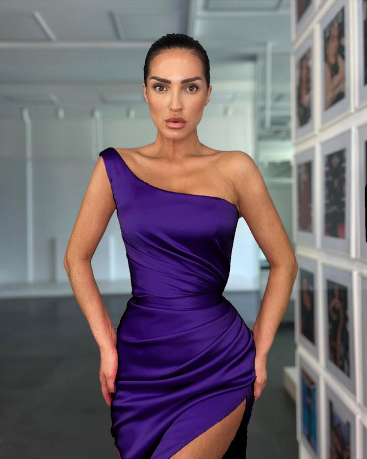 One Shoulder Sleeveless Rose Evening Dress With Slit