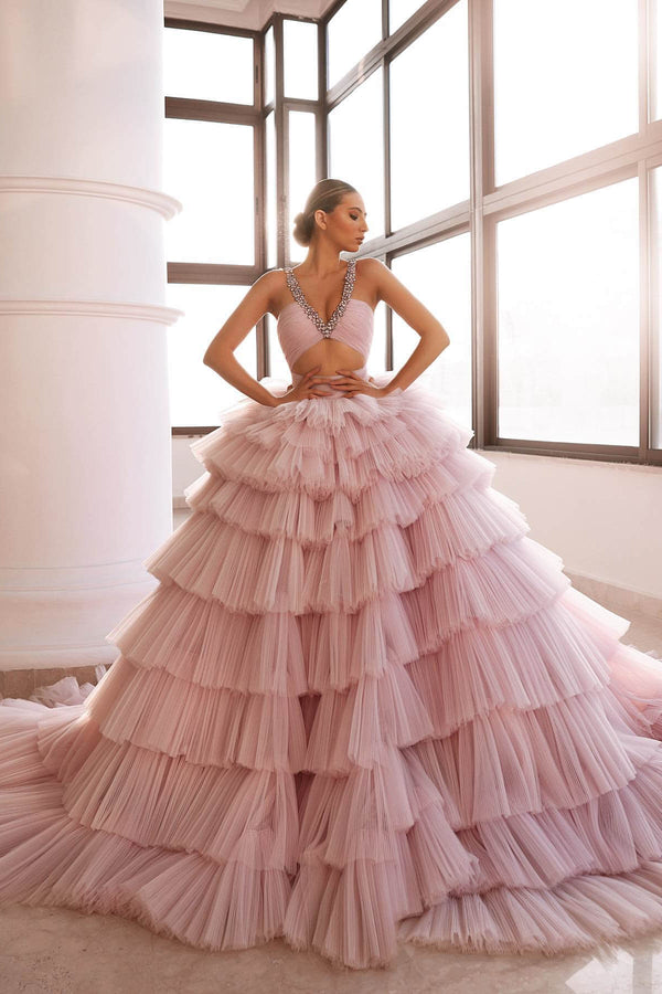 Pink Deep V-Neck Sleeveless Prom Dress with Crystal-Embellished Tulle Layers