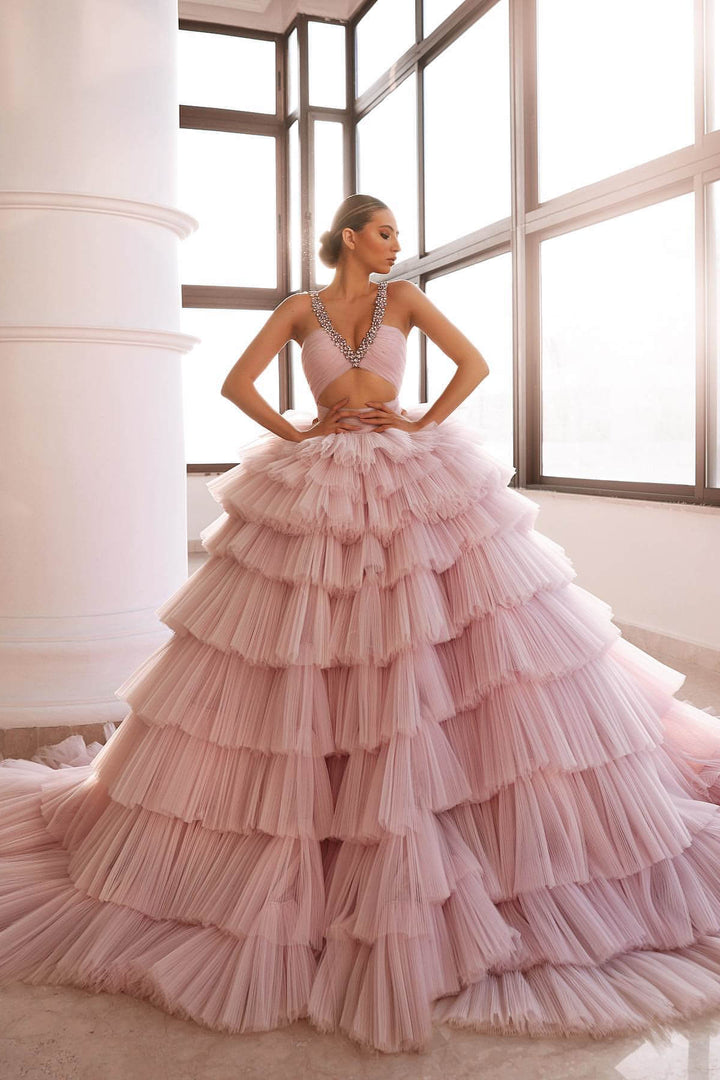 Pink Deep V-Neck Sleeveless Prom Dress with Crystal-Embellished Tulle Layers
