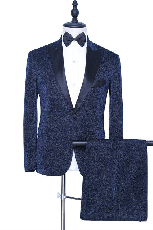 Koscy Modern Sparkly Dark Navy Wedding Suit with Peaked Lapel for Groom