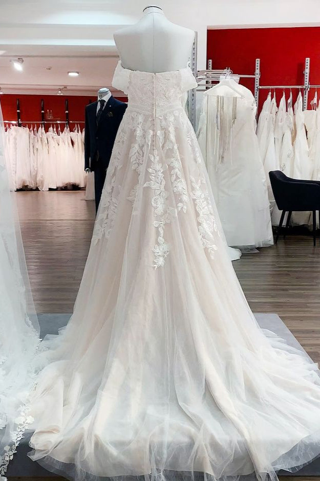 Bmbride Beautiful Long A-line Off-the-shoulder Tulle Lace Appliques Bridal Gown