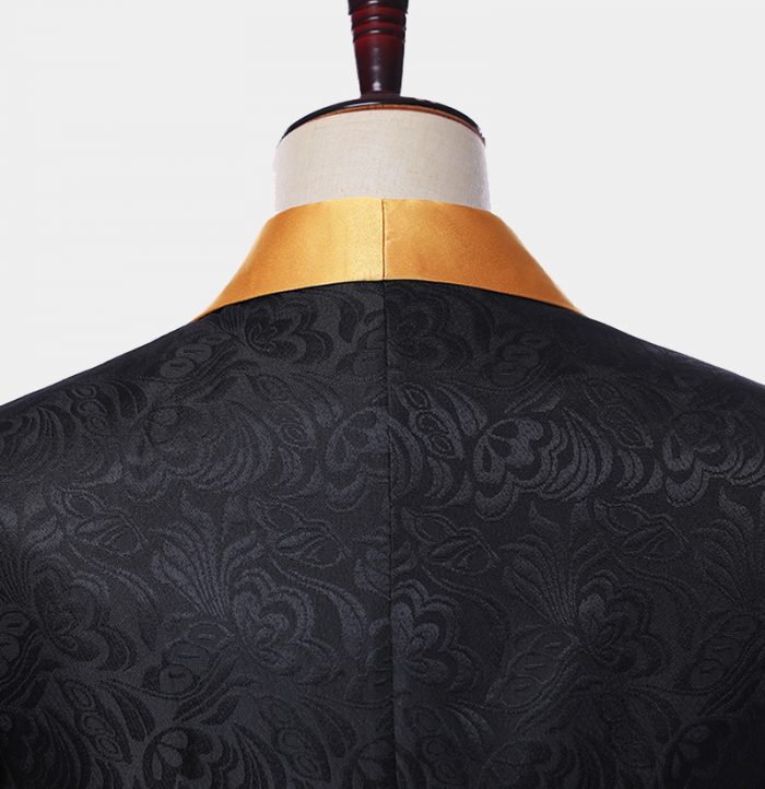 Koscy Gold Three Piece Shawl Lapel Black Jacquard Suit for Men's Wedding