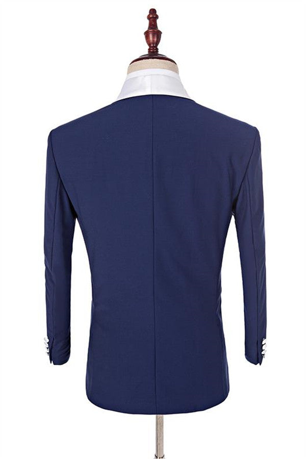 Koscy One Button Navy Blue Fashion Slim Fit, Three Pieces with White Shawl Lapel