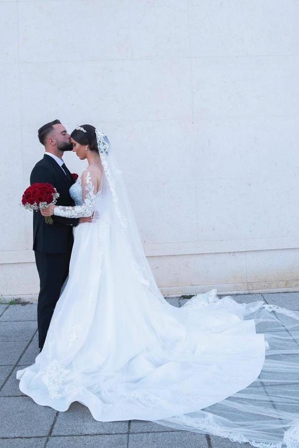 Bmbride White Long Mermaid Jewel Tulle Lace Wedding Dress with Sweep Train