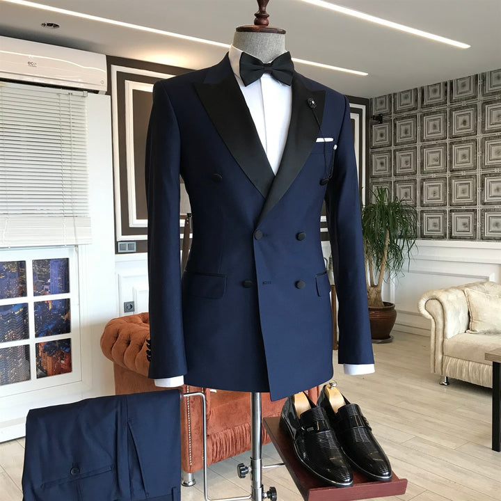 Koscy Gentle Dark Navy Double-Breasted Evening Suit with Peaked Lapel for Men