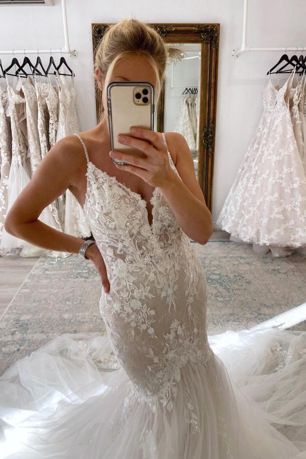 Bmbride Long Mermaid Spaghetti Straps V-neck Tulle Lace Backless Wedding Dress - Beautiful