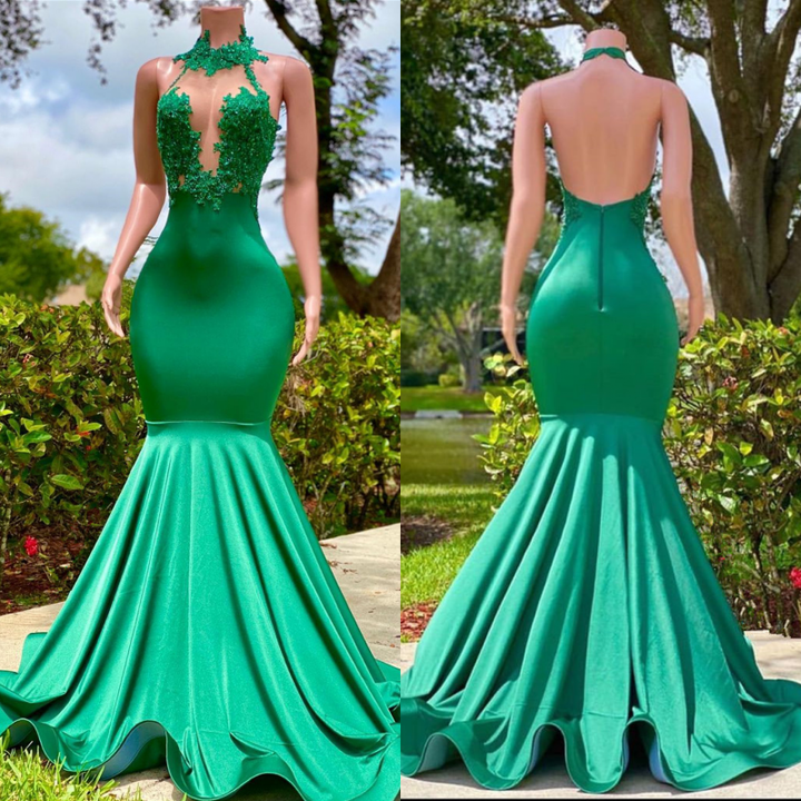 Sexy Green Halter Open Back Mermaid Sleeveless Prom Dress with Appliques
