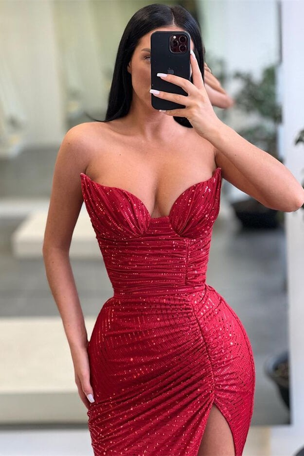 Sleeveless Burgundy Long Sequins Mermaid Prom Dress With Split