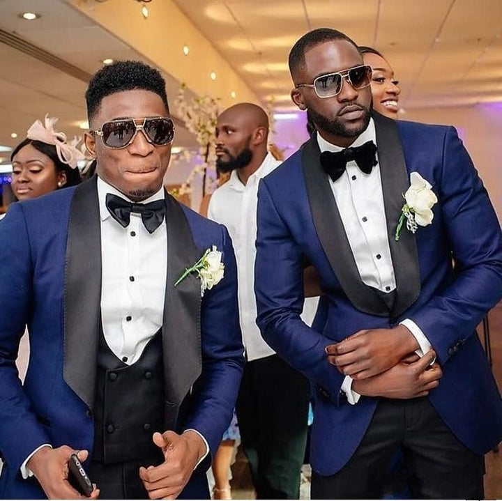 Koscy Navy Blue Three-Piece Wedding Suit with Black Shawl Lapel for Men’s Parties