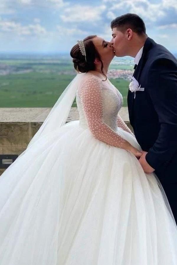 Bmbride Sweetheart Tulle Lace Wedding Dresses with Sleeves - White Long Ball Gown