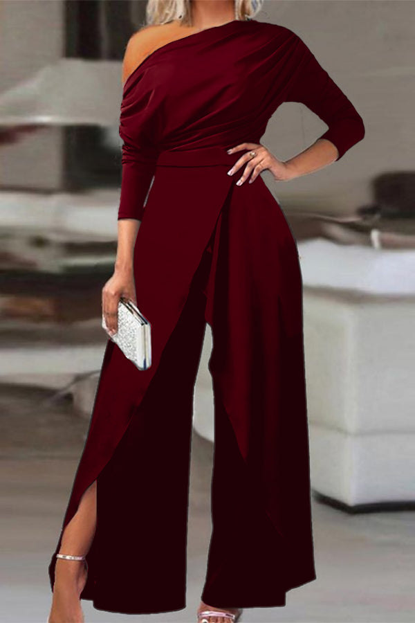 Koscy Chic Black Asymmetrical Wide-Leg Niche Daily Women's Jump Suit